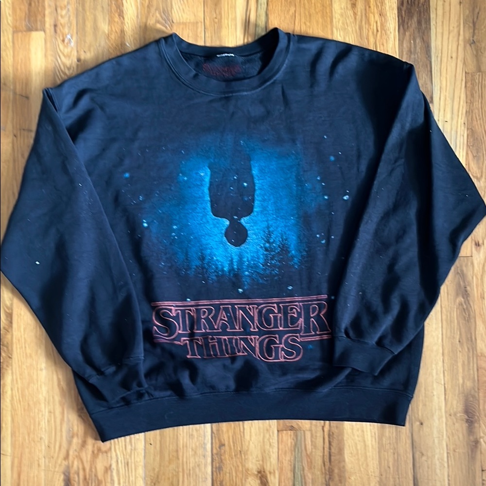 Black Stranger Things Crewneck Sweater with Graphic Design